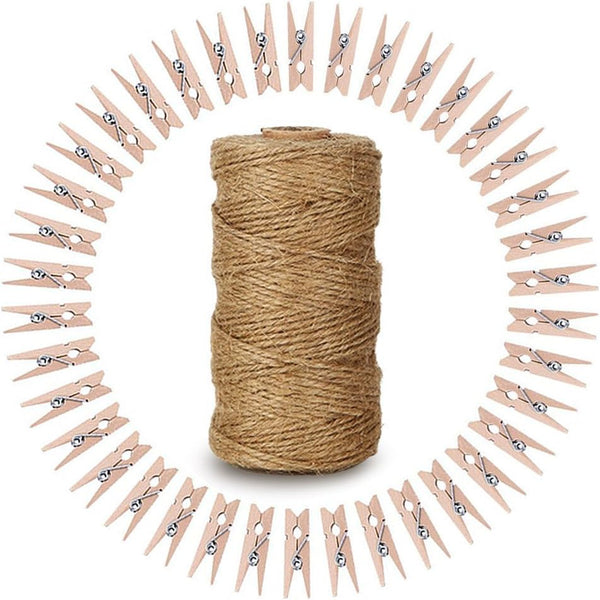 328 Feet Natural Jute Twine with 100 Pcs Mini Natural Wooden Clothespins for Craft Pictures Clips