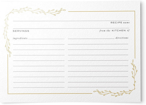 Floral Foil Border Recipe Cards: Set of 50, 4x6 inches (Gold Foil/White)