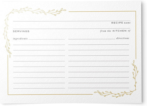 Floral Foil Border Recipe Cards: Set of 50, 4x6 inches (Gold Foil/White)