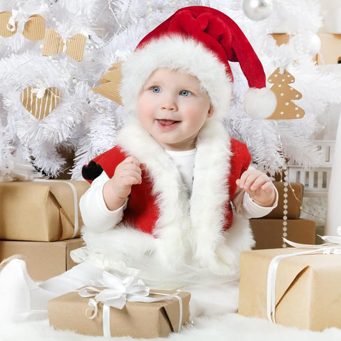 Santa Hat for Kids/Baby - Unisex Warm Comfort Red Velvet Holiday Xmas Hat for New Year Party Decoration