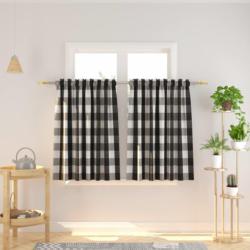 3 Pc Classic Cotton Kitchen Window Curtain Set - Black & White Buffalo Check Tier & Valance, 54" x 18" / 27" x 36"