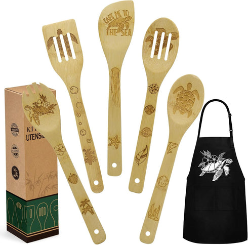 Sea Turtle Gifts for Women, Kitchen Decor Cooking Utensils Set with Unique Bamboo Cooking Spoons, Apron, Personalized