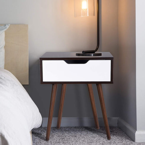SUPER DEAL Mid-Century End Table Modern Side Table with Drawer Small Table with Wooden Legs, Sliding Drawer and Smiley