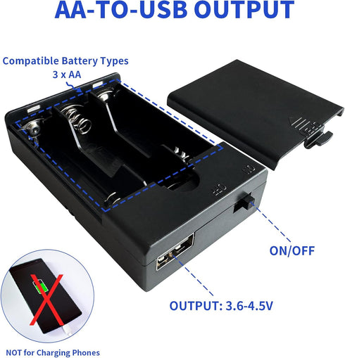 3 4.5-5V (Pack 1) AA Battery Box with USB Output Port for LED Lights, Battery to USB Port Compact Batteries Holder