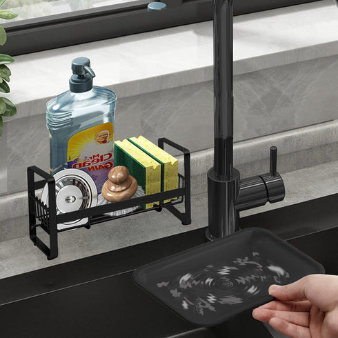 Kitchen Sink Caddy Organizer with Removable Front Drain Pan, Black Sponge Holder for Soap and Dish Rags Storage