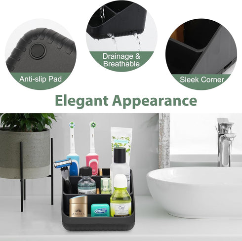 Bamboo Toothbrush Holders Bathroom Countertop Organizer, 6 Slots Toothbrush Caddy for Kids Family Vanity Storage (Black)