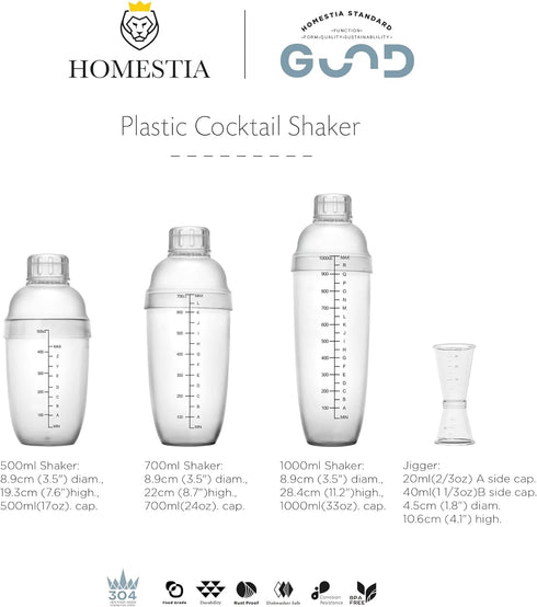 Homestia 2Pcs Plastic Cocktail Shaker Set, Hand Shaker Cup Mixer with Measuring Jigger for Bartending