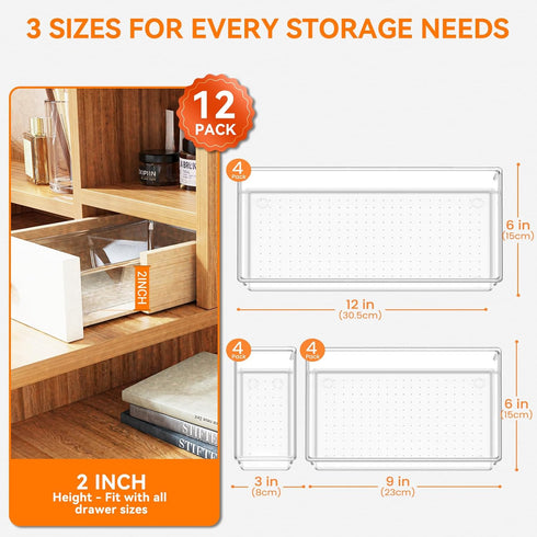 Criusia 12 Pack Large Clear Plastic Drawer Organizer Trays for Kitchen, Bathroom, Makeup, Office Storage