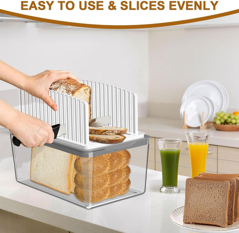 Upgrade Bread Slicer with Bread Box - Adjustable Width Cutting Guide, Foldable and Compact with Crumb Tray