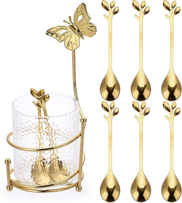 ELLDOO Coffee Spoon Set with 8 Gold Leaf Stainless Steel Spoons and Clear Glass Holder for Mixing