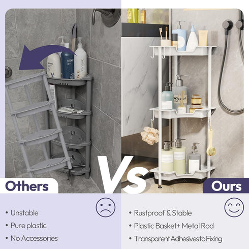3 4 SWTYMIKI Corner Shower Caddy Standing - Tier Floor Standing Shower Organizer with Hooks, Plastic & Stainless Steel
