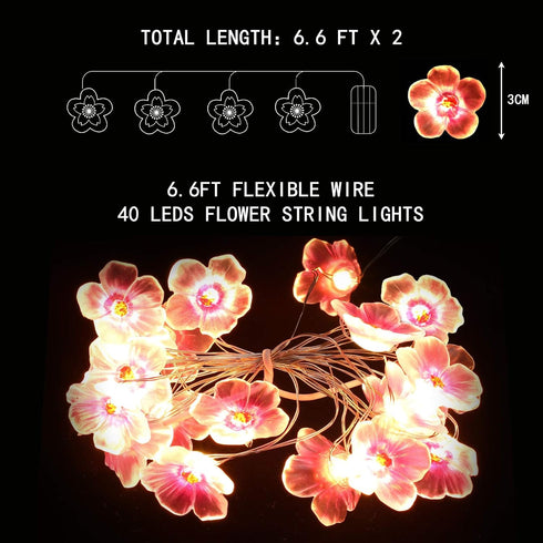 Mudder 2 Pieces Cherry Blossom Lights, LED Flower String Light, Battery Wire Fairy Garland for Party Decoration
