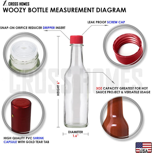 CROSS HOMES 3oz Woozy 30) Hot Sauce Bottles, Empty Clear Glass Bottles with Shrink Capsules, Small Wine Bottle