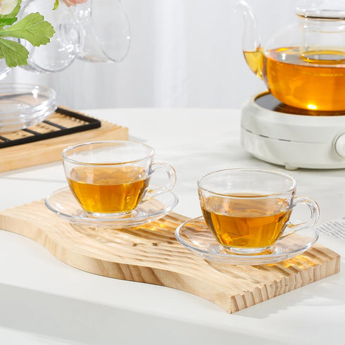 Set, 6 Pack 7OZ/210ML, Glass Teacup and Saucer Coffee Mug with Stainless Steel Spoon Suitable for Espresso Juice