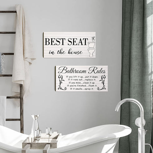 Jetec 2 Pieces Funny Bathroom Pictures Wall Sign Decor, Rustic Toilet Rule Wall Art, Best Seat Wooden Sign