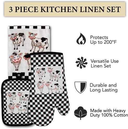 Oven Mitt and Potholder Kitchen Set, 3 Piece Laughing Cows Accessory, Waterproof Oven Glove and Tea Towel