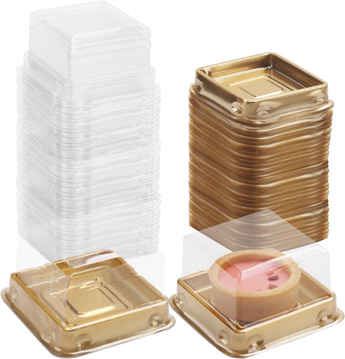50 Set Gold Bottom Clear Cover Plastic Mini Cake Box, Muffin Box, Moon Cake Box