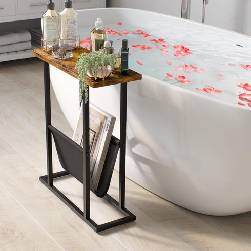 Yusong Narrow Side Table for Small Spaces, Small End Table with Magazine Holder, Skinny Slim Little Thin Table