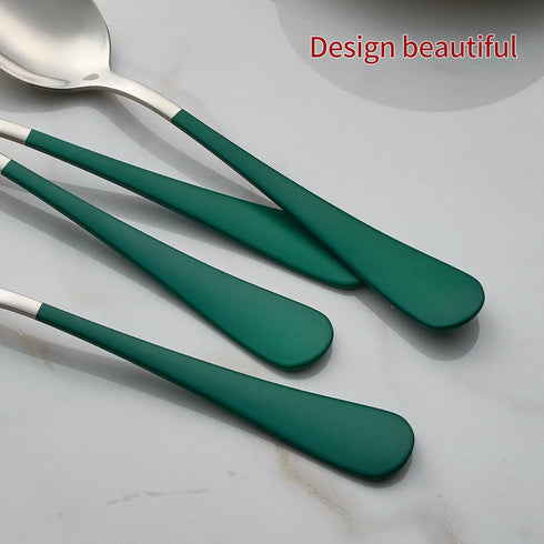 Green Dinne 12 Piece Set, Green Handle Silverware Spoon, 18/0 Stainless Steel Flatware, 7.3-inch Dessert Spoons