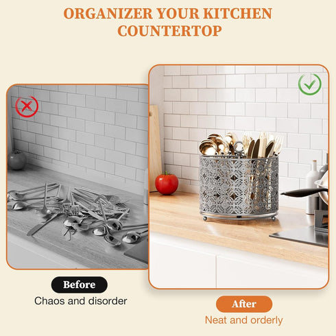 Rotating Utensil Caddy Countertop, Higher Raised Cutlery Holder, Metal Organizer with 4 Compartments for Kitchen Counter