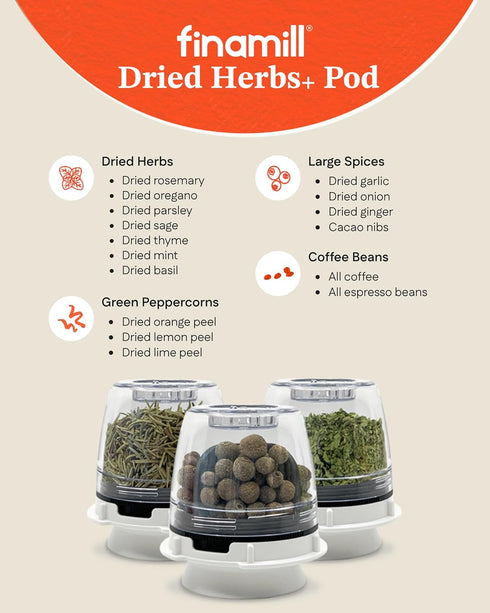 Set FinaMill Dried Herbs+ Pod Single Refillable Spice Pod for Dried Herbs & Larger Spices, Adjustable Grind Size, Long