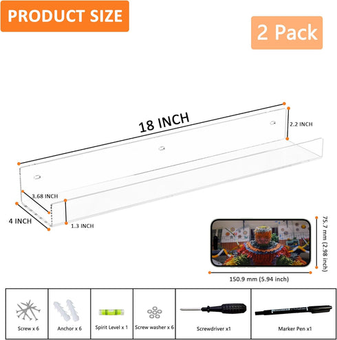 18'' 2 Pack, Clear Acrylic Bookshelf Acrylic Floating Book Shelves, Wall Mounting Invisible Ledge Book Shelf