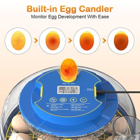 Egg Incubator, Adjustable Turning Time, Humidity and Hatch Day Display,Egg Candler,Automatic External Water Bottle