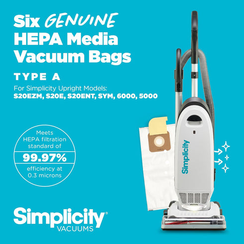 Simplicity Vacuums SAH-6 Certified Hepa Vacuum Bags, Fits S20EZM, 6-Pack Set