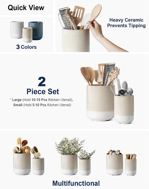 LE TAUCI Utensil Holder, 7.3"+5.4" Ceramic Kitchen Utensil Holder for Countertop, Set of 2, Arctic White, Boho