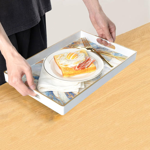 15.8" 11.8" 1.6" MAONAME Rectangular Decorative Tray, Modern White Serving Tray with Handles, Marbling Plastic Trays