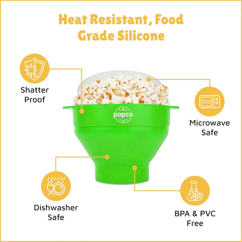 The POPCO Silicone Popcorn Popper, Collapsible Microwave Maker, Large 15 Cup Capacity, Green