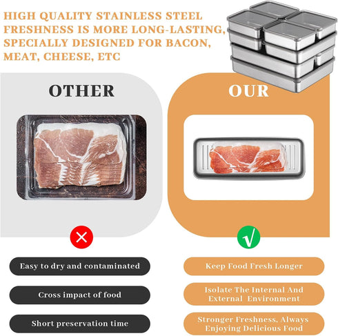 Hushee 9 Pack 304 4 Bacon Cheese Container for Refrigerator, Stainless Steel Airtight Deli Meat Container, Dishwasher