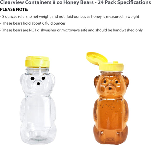 8 24 Pack) Ounce Plastic Squeezable Honey Bears with Sealable Flip Top Lids - BPA Free, Hand Wash Only (Yellow