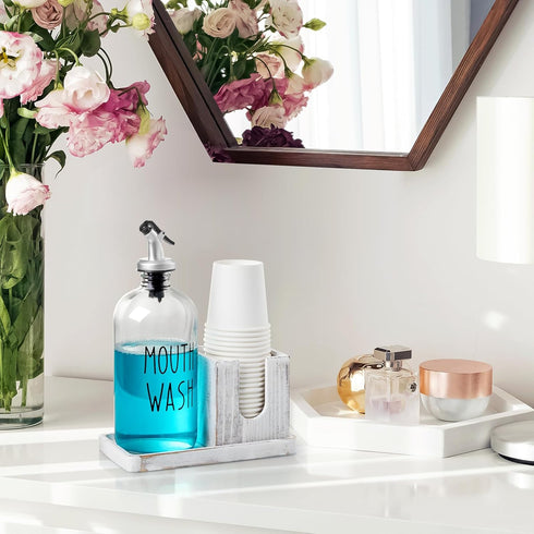 16 OZ Glass Mouthwash Dispenser for Bathroom, Mouthwash Dispenser with Pour Spout and White Washed Wood Cup Holder