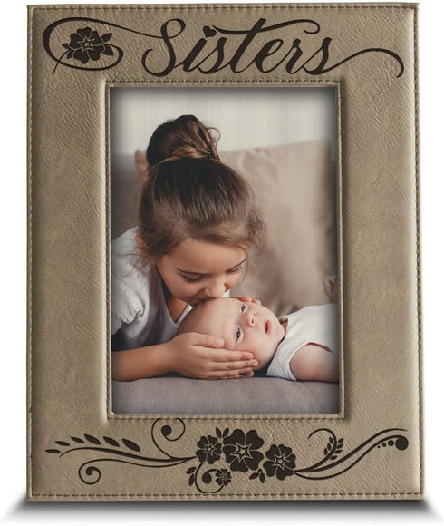BELLA BUSTA Sisters Picture Frame, Engraved Leather Gift for Sister, 5x7 Vertical
