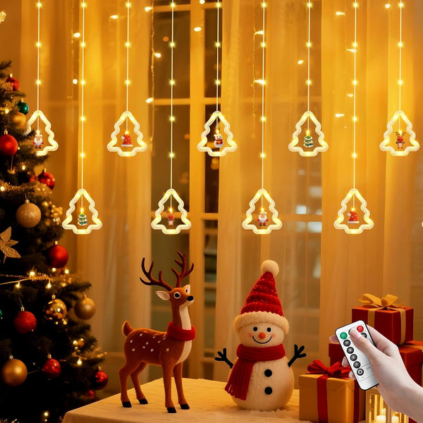 Christmas Tree Curtain Lights, Christmas Window Lights Decor with Remote,8 Lighting Modes,