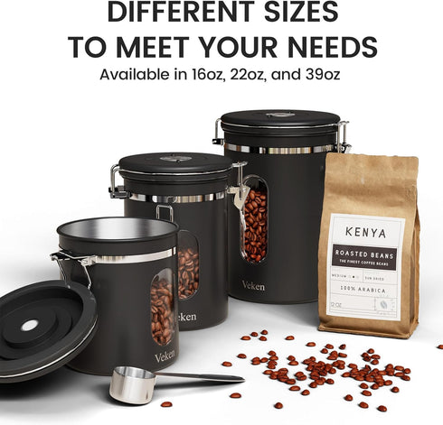 2.2lbs 39oz,Black Veken Large Coffee Canister with Window, Kitchen Food Storage Airtight Stainless Steel Container