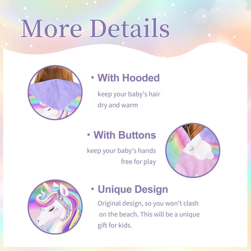 Unibyby 30" 50", Unicorn Hooded Towel, Unicorn Beach Towel for Girls x Pink Rainbow Microfiber Absorbent Quick Dry Bath