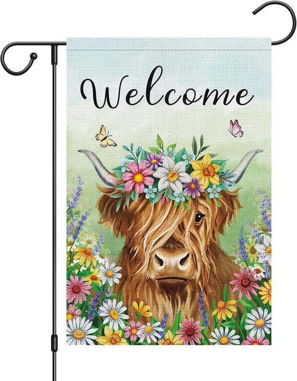 Welcome Spring Garden Flag 12x18 Inch Burlap Double Sided Vertical Highland Cow Farmhouse Outdoor Decor