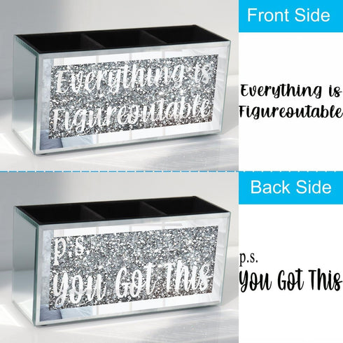 Silver Mirror Crystal Diamond Home Office Desk Box Sign Decor, Desktop Pen Organizer with 3 Compartment, Multi-Use Storage Box for Pencil, Remote, Makeup Brush-9.1×4.3×3.1Inches