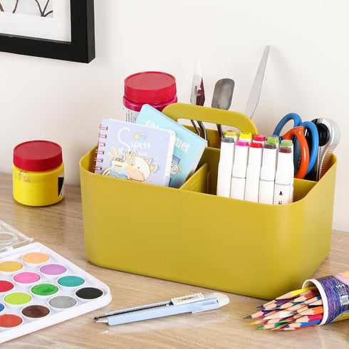 Multiuse Caddy Organizer with Handle - Stackable Yellow Plastic Bin Basket for Art, Craft, Makeup, Bathroom, Kitchen,