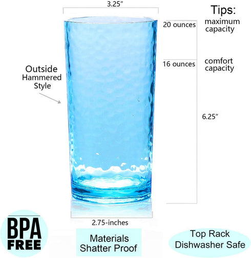 KX-WARE 20-ounce Acrylic Glasses | Set of 6 Multicolor Hammered Style | Dishwasher Safe & BPA Free