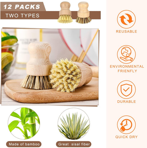 12 Pcs Bamboo Dish Brush, Wooden Scrubber Sisal Bristle Kitchen Wood Brushes for Cleaning Mini Dish Scrubber for Food