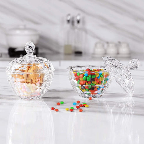 9fl.oz Set 2 ComSaf Crystal Glass Candy Dishes with Lids, of Mini Decorative Covered Candy Jars for Office Desk, Coffee