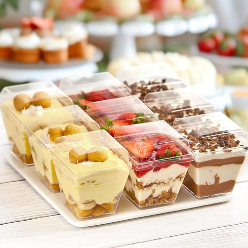 50 Pack 7 oz Qeirudu Dessert Cups with PET Lids and Spoons, Mini Plastic Yogurt Parfait Cups Square Party Serving Cup