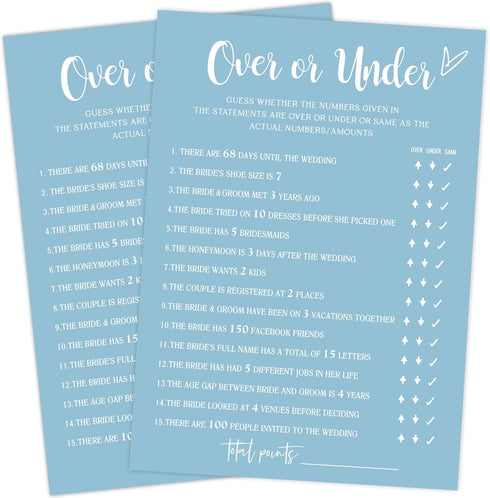 Blue Theme Bridal Shower Games for 25 Guests - Over or Under Games, Wedding Advice Cards for Reception
