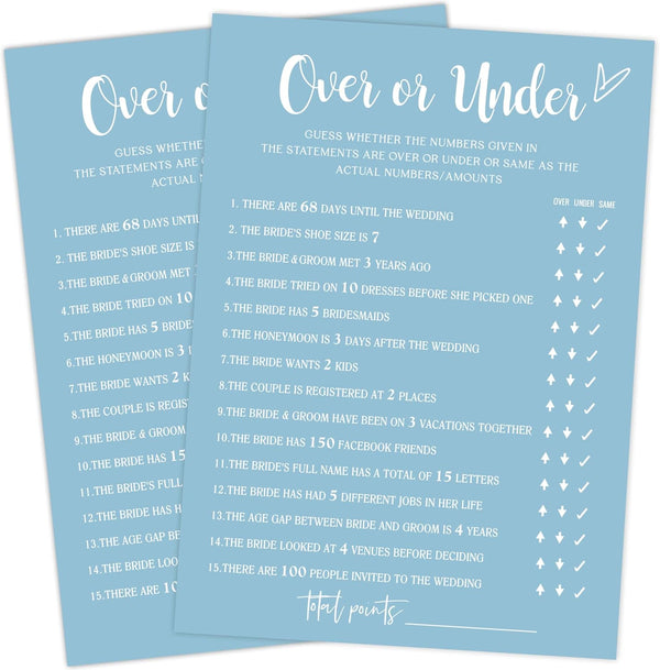 Blue Theme Bridal Shower Games for 25 Guests - Over or Under Games, Wedding Advice Cards for Reception