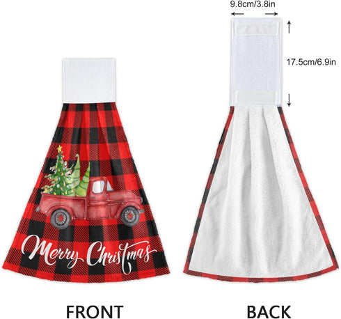 Boccsty Christmas Tree Truck Fingertip Bath Towels, 2 Pcs Red Black Plaid Tartan Kitchen Hand Towels