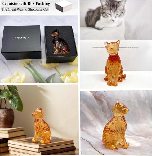 Amber Cat Figurines Statue Decor Cat Memoial Gifts for Cat Lovers Mom Women,Knick Knacks for Shelf, Bookshelf