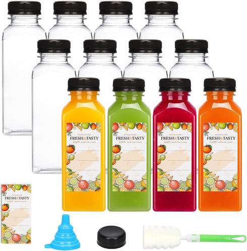 TOMNK 12pcs Juice Bottles, 12oz Reusable Plastic Juice Containers Bottles with Caps